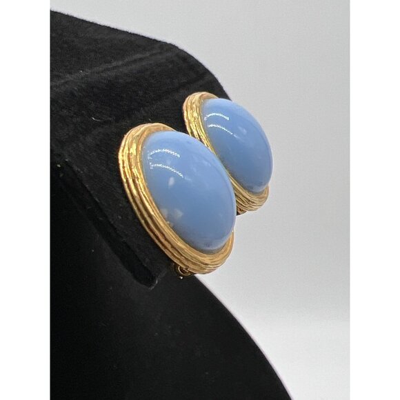 Vintage Liz Claiborne Blue Cabochon Clip-On Earrings Gold-Tone Round Design - Picture 4 of 8